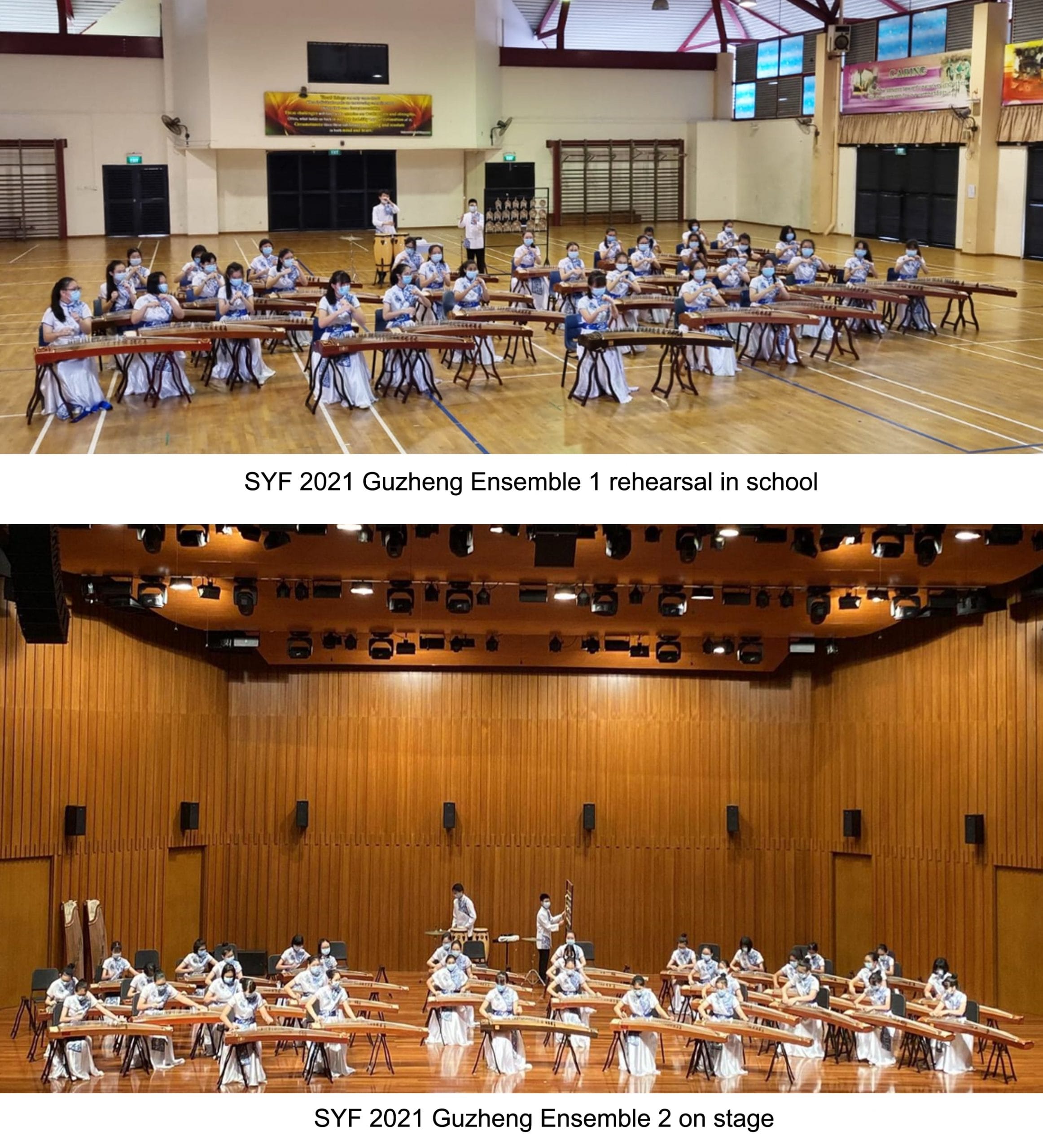 Two photos of student guzheng ensembles in blue and white attire, one rehearsing in a gym, one performing on stage.